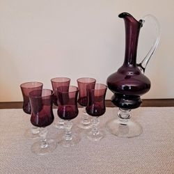  EMPOLI  AMETHYST PURPLE DECANTER PITCHER WITH 6 SHOT GLASSES