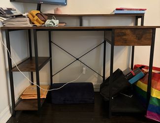 Office desk (with drawer, monitor and storage shelves)