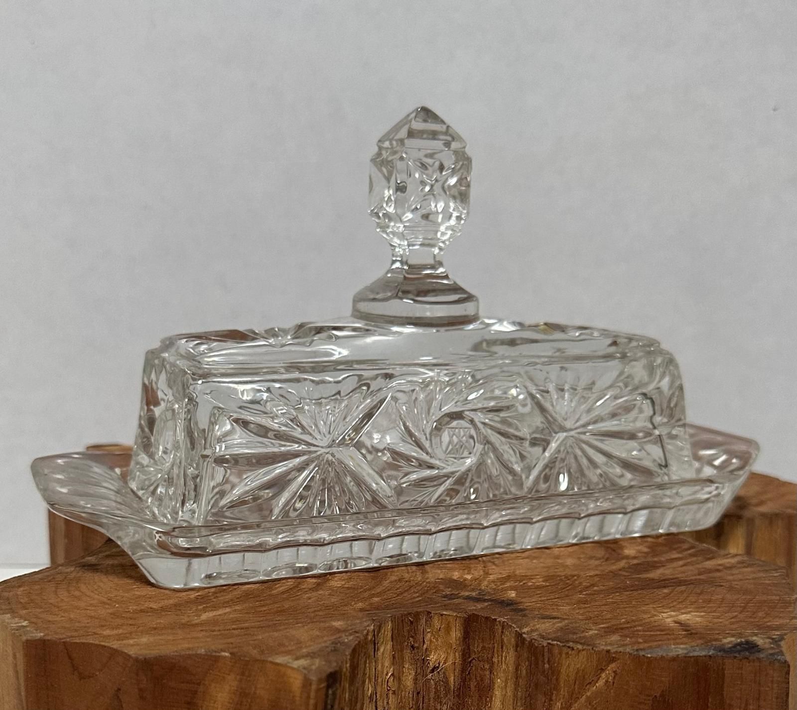 Vtg Kristal Zajecar Embossed Crystal Butter Dish With Star Of David
