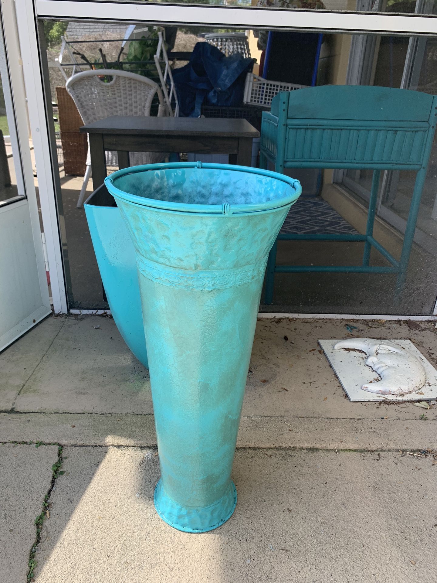 Turquoise metal vase for entryways, and flowers 2 Ft H