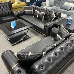 New  Black Leather Living Room Sofa Set 3pc - Delivery Available 