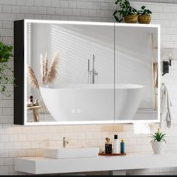 New in a sealed box Jmeiga Black Medicine Cabinet with Lights, Pre-Assembled Bathroom Medicine Cabinets with Mirror, Lighted Bathroom Mirror with Stor