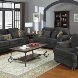 Brand New 2 Piece Soft Dark Grey Sofa and Love Seat Set