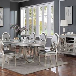 Brand New Very Elegant Silver 7pc Formal Dining Table Set 