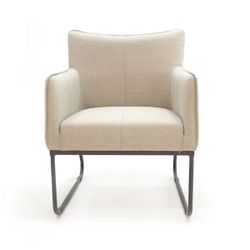Modern Beige Upholstered Armchair with Grey Metal Base – Contemporary Accent Lounge Chair