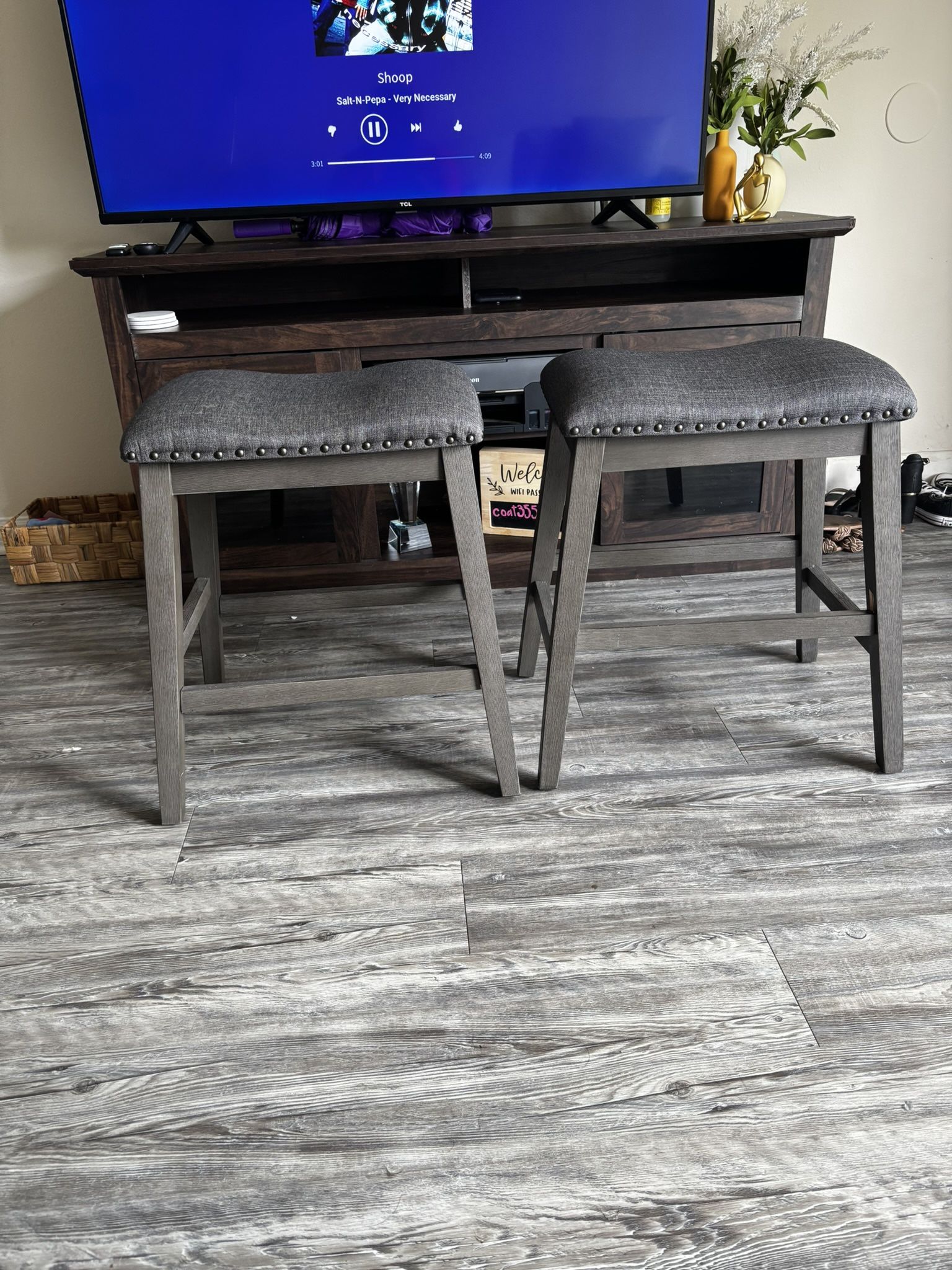 Set of 2 Upholstered Bar Stools - Gray Fabric & Wood Finish