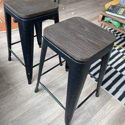 Pair Of 2 Metal Barstools With Wood Seat