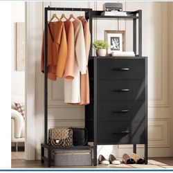 Black Dresser with Hanging Rack - Small Closet with 4 Fabric Storage Drawers, 44" H Dresser 