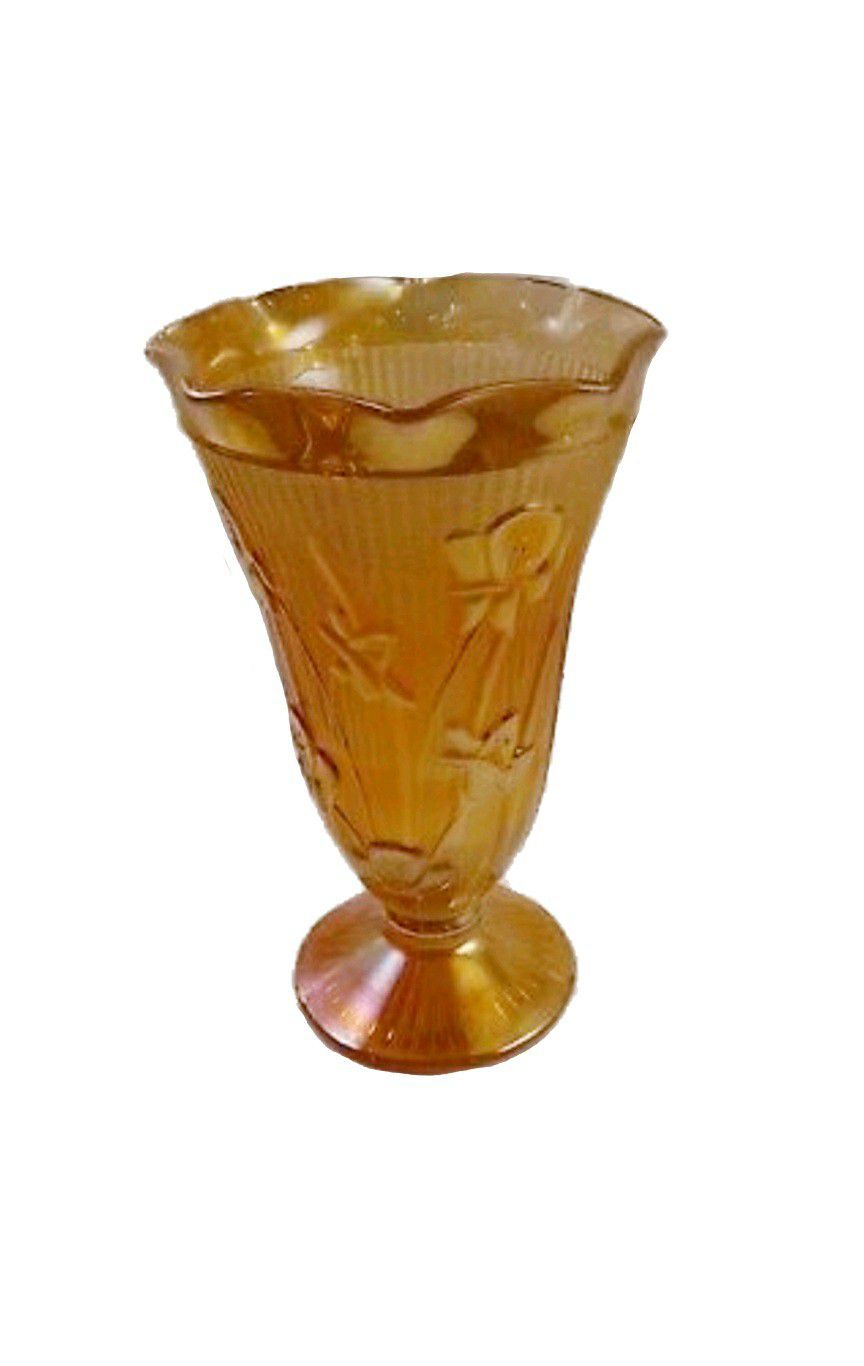 Jeanette Iris & Herringbone Vase Marigold Carnival Glass