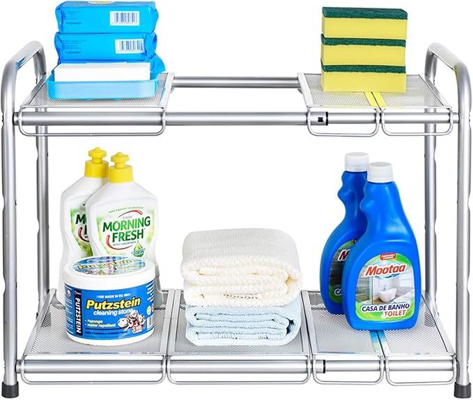 Under Sink Shelf Organizer, 2-Tier Storage Rack with Flexible & Expandable 15 to 25 inches for Kitchen Bathroom Cabinet