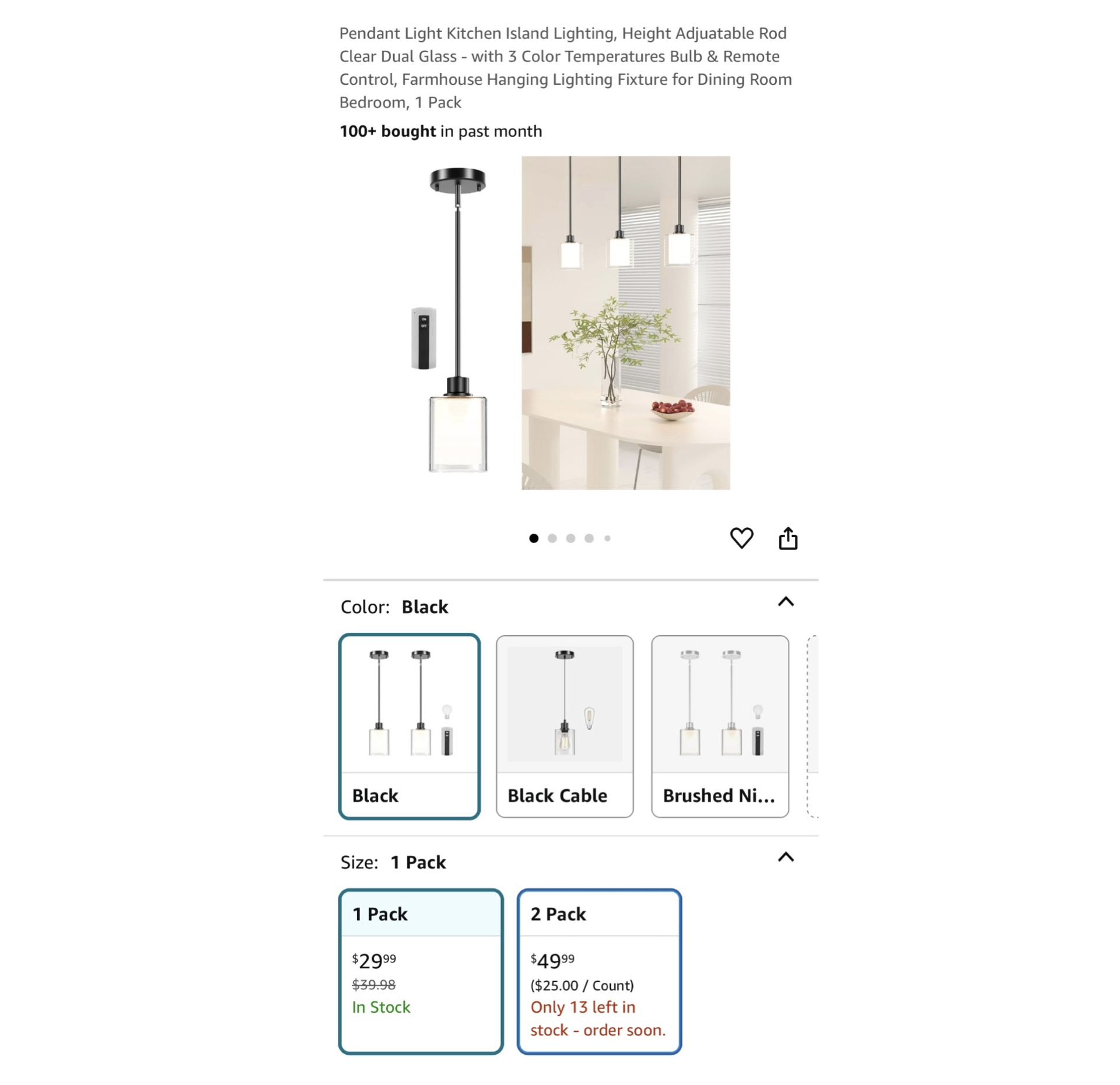 Brand new Light Kitchen Island Lighting, Height Adjuatable Rod Clear Dual Glass - with 3 Color Temperatures Bulb & Remote Control, Farmhouse Hanging L