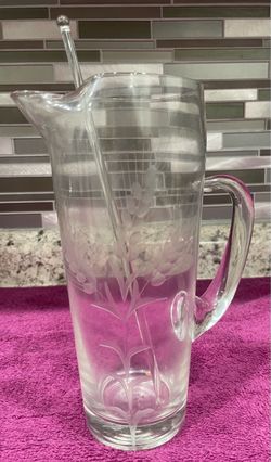 Vintage Mid-Century Etched Wheat Martini Pitcher with Stirrer