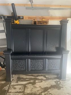 Queen Size Bed Frame - Black Damask Headboard & Footboard -clean house smoke free,pet free