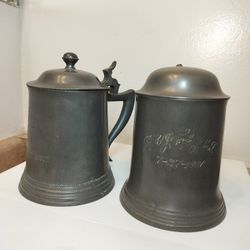 Antique S. Goodman Co. Pewter Tankards - Glass Bottom - Set of 2 (Dated 1900 & 1902)