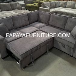 New! Grey Sectional Sofa With Pull-out Bed, Sofabed , Sofa Bed, Sectional Sofa Bed, Couch, Dark Grey Sectional, Sofa With Cupholders And USB Charger. 