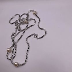 David Yurman 925 Sterling Silver DY Logo Pearl Box Chain 32” Necklace
