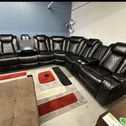 Power Electric Black Leather Fully Reclining Sectional Couch 