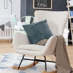 Comfy Rocking Chair for Nursery - Glider Chair with High Backrest, Armrests & Upholstered Pad, Bedroom Nursery Rocker Chair for Baby & Kids, Ivory Whi