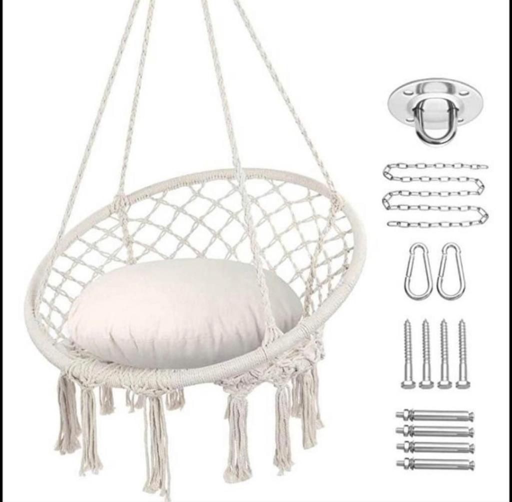 ZENY Hammock Chair Patio Graden Hanging Chairs Iron Frame Cotton Rope, Beige