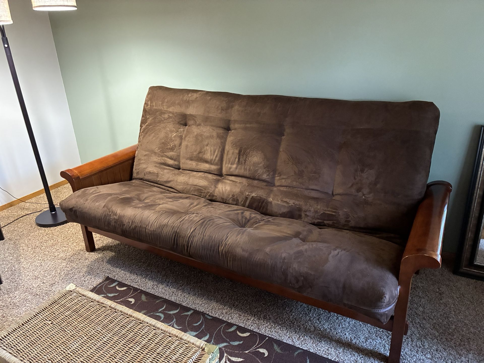 Queen futon, polished wood frame & mattress