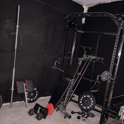 Cable Machine With Bench, Bar, Weights 