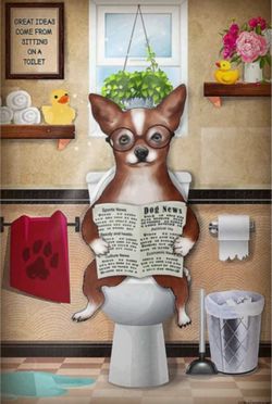 Humorous Dog Reading Newspaper Adhesive Poster Decal, Vertical Bathroom Decor