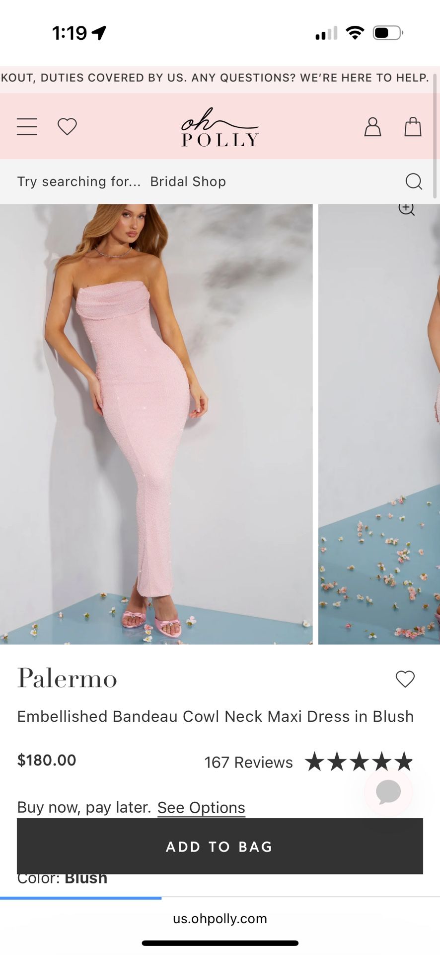 Palermo Embellished Bandeau Cowl Neck Maxi Dress – Blush (US 4)