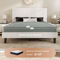 Queen Size Bed Frame, Platform Bed Frame with Upholstered Adjustable Headboard, White, Nubby Fabric