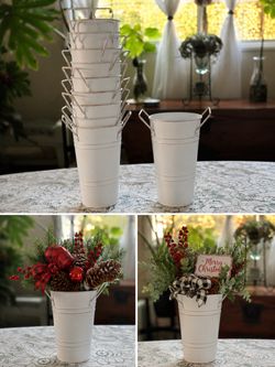 Set of 10 White Galvanized Metal Buckets Farmhouse Holiday Wedding Decor
