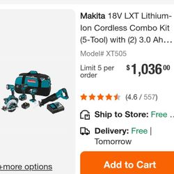 Makita 18V LXT Lithium-Ion 5-tool cordless combo kit.
Model XT505.