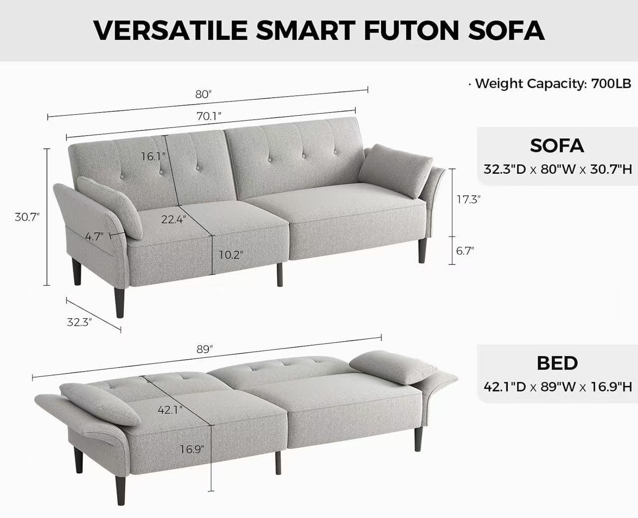 🥨89” Futon Sofa Bed,Comfy Futon Couch Bed with 2 Square Pillows,Convertible Sleeper Sofa with Adjustable Backrest& Armrests, Modern Loveseat Sleeper 