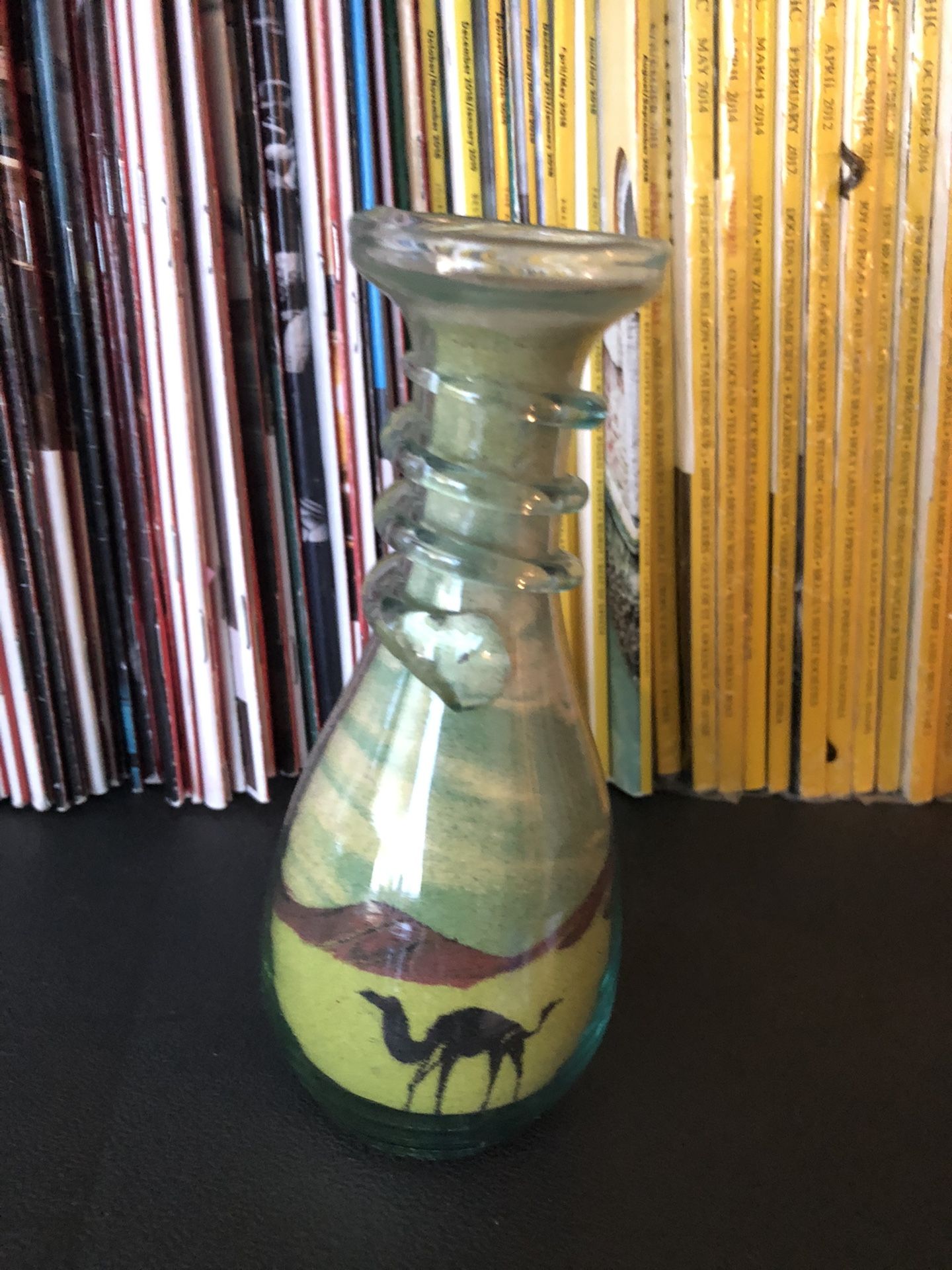 Vtg Sm Clear Glass Sand Art Vase Folk Bottle Camel Animal Leo Vera Image Desert