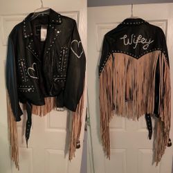 Nasty Gal Collection Real Leather Wifey Fringe Biker Jacket Size 6