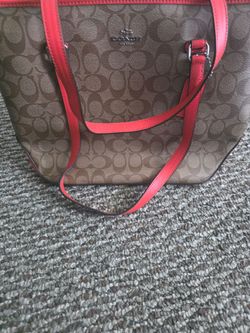 Coach Gallery Tote in Signature Canvas with Coral Trim