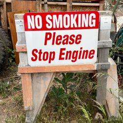 Vintage Double-Sided, Thick Aluminum, No Smoking Please Stop Engine Sign.