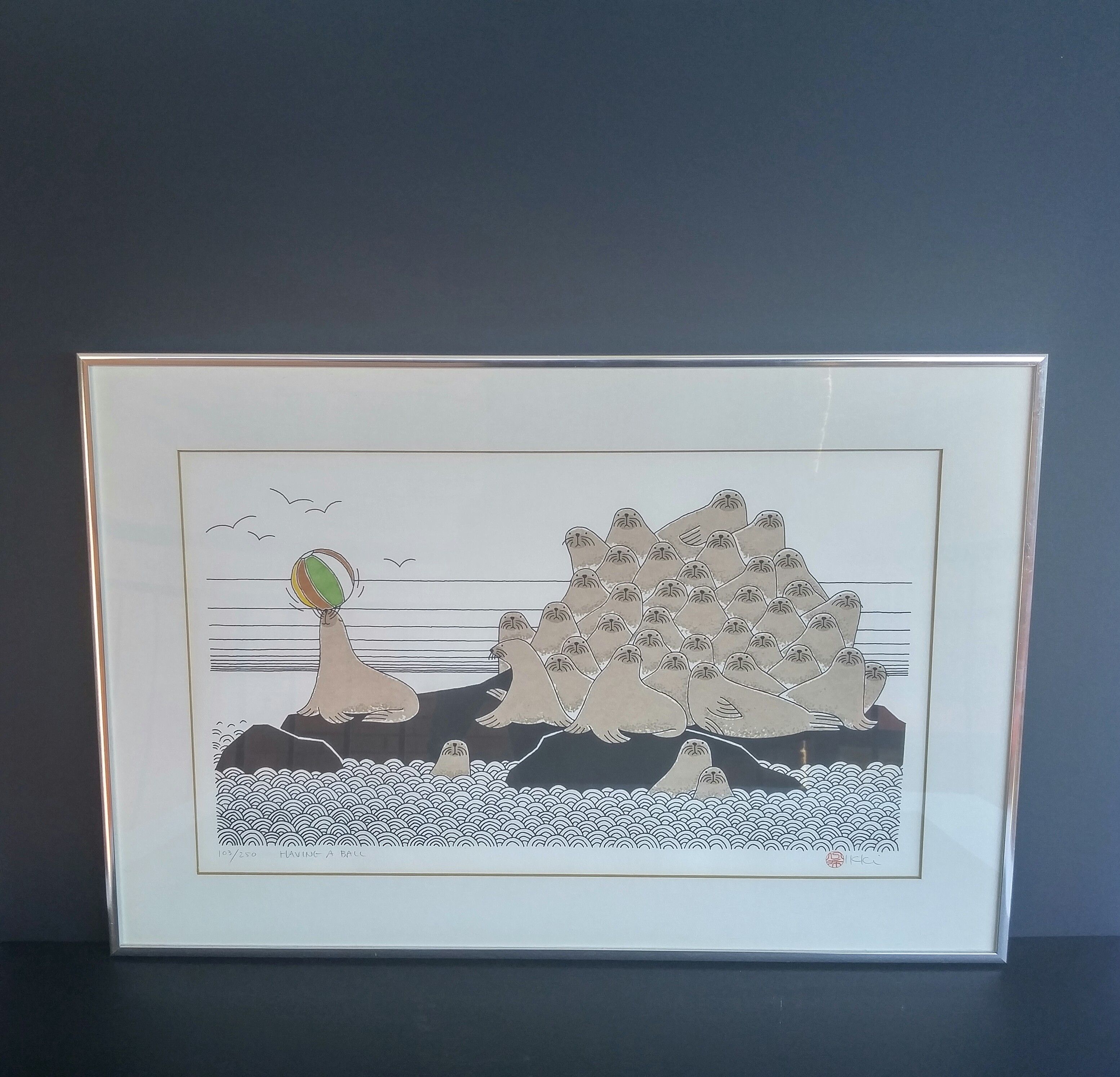 Framed Japanese art print of seals, artist Ikki Matsumoto