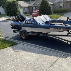 16 1/2 Ft Glastron boat with 75 hp Johnson motor and trailer. Has foot operated trolling motor.