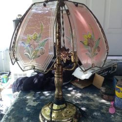 Vintage 1980s Brass Touch Lamp With Floral/Flowers Pink Glass