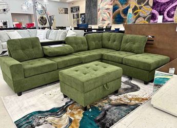 Olive Water Resistant Fabric Reversible Sectional with Cup Holder and Storage Ottoman. Brand New.