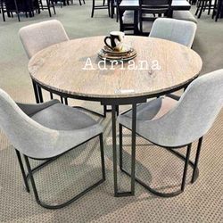 Modern 5-pc Round Dining Table Set With Grey Upholster Chairs 