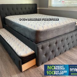 Full/twin Gray Tufted Trundle Bed W. Orthopedic Mattresses 