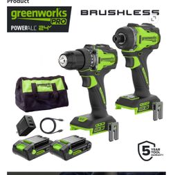 NEW Greenworks Pro 24V Brushless Drill & Impact Driver Combo Kit | 2 Batteries + Charger | Sealed