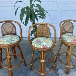  Vintage Tiki bamboo Rattan swivel counter / barstools-set of 3