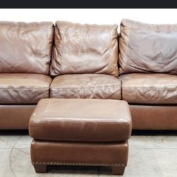 Traditional Brown Leather Couch And Ottoman 