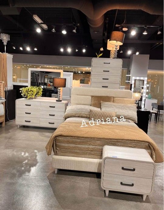 luxury dresser set Iliana Japandi Cream Boucle Fabric and Walnut Brown Finished Rubberwood Ottoman Footstool