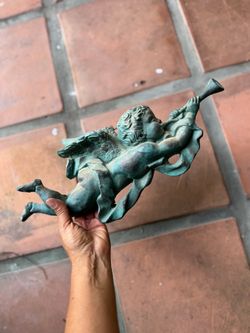 Verdigris Cherub Angel Trumpet Figurine