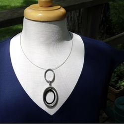 Silver Tone And Black 2 Tier Pendant Necklace 