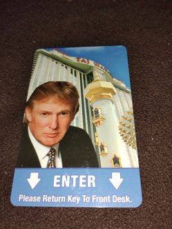 Donald Trump pic on door key of casino he own.