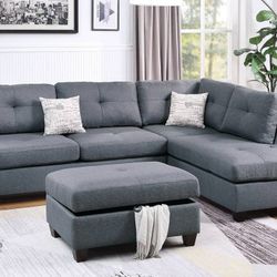 Brand New Blue Grey Reversible Sectional Sofa With Storage Ottoman 