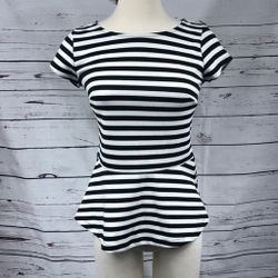 Women's Size L Large Black And White Stripes Top/ Blouse  Short Sleeve T Tee Shirt 